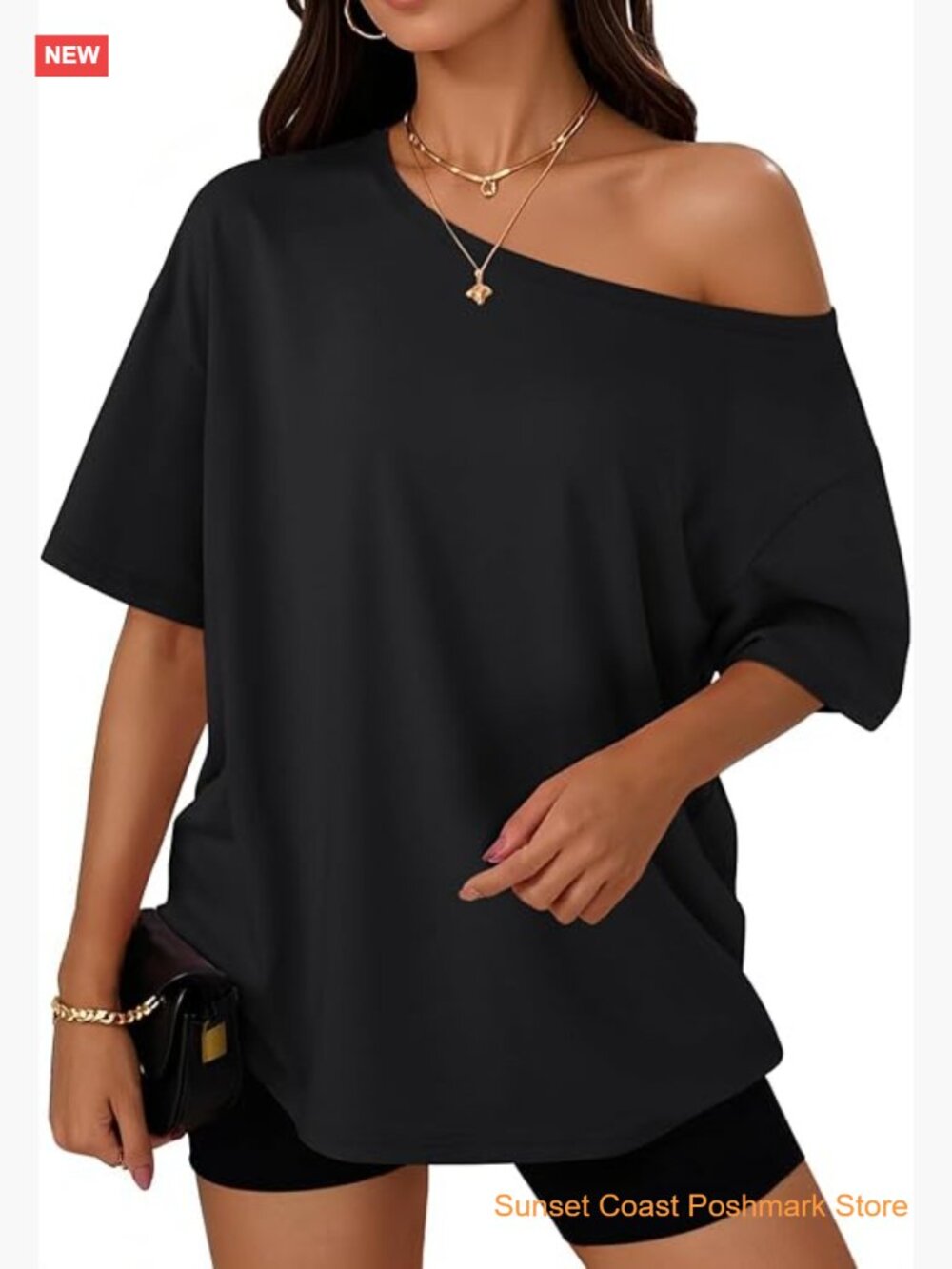 Off the Shoulder Oversized T-Shirt Soft Stretchy Lightweight Casual Tee